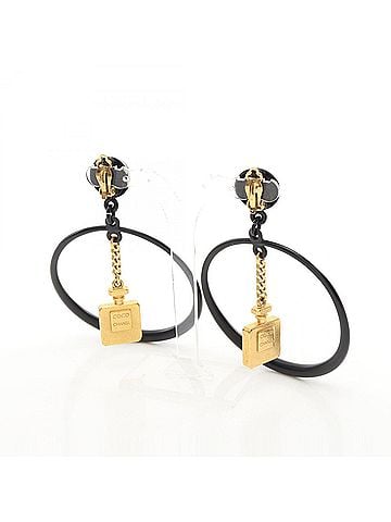Chanel Chanel Coco Mark Perfume Bottle Motif Hoop Earrings, Gold Plated (GP), Women's, Black/Gold Tone (view 2)