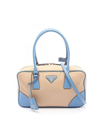 Prada Prada Re-Edition 1978 Medium 2-Way Handbag, Nylon & Saffiano Leather, Women's, Beige/Blue, 1BB114 (view 1)