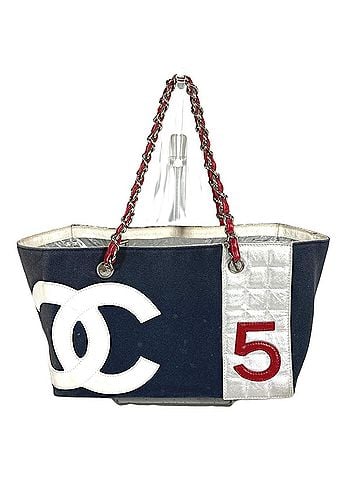 Chanel CHANEL No. 5 Logo CC Coco Mark Tote Bag Shoulder Double Chain Leather Canvas Men's Women's Navy (view 1)