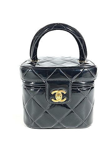 Chanel CHANEL Vintage CC Coco Mark Logo Quilted Matelassé Vanity Bag with Heart-Shaped Mirror, Handbag, Patent Leather, Women's, Black (view 1)