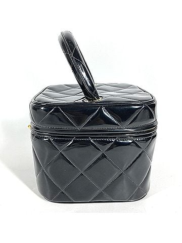 Chanel CHANEL Vintage CC Coco Mark Logo Quilted Matelassé Vanity Bag with Heart-Shaped Mirror, Handbag, Patent Leather, Women's, Black (view 2)