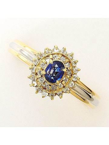 Unbranded PT900 Platinum 18K Yellow Gold Ring with 1 Sapphire and Diamond (carat weight not stamped), total 3.5g, like new. (view 1)