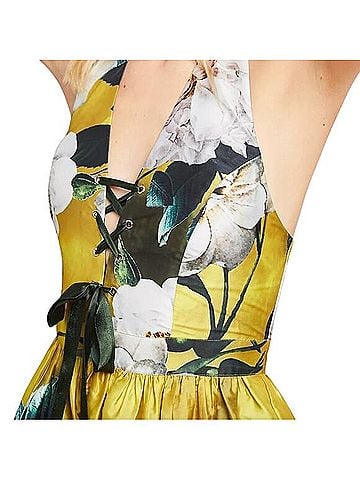Anthropologie Hemant Nandita Yellow Floral Sleeveless Taffeta Halter Dress Cocktail Dress (view 2)