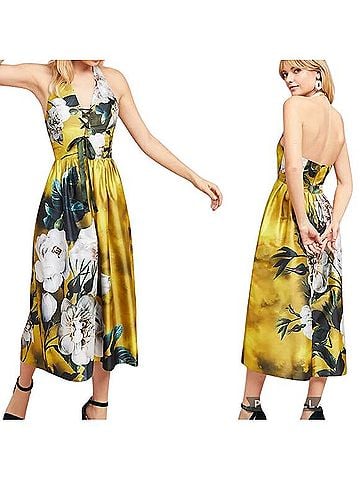 Anthropologie Hemant Nandita Yellow Floral Sleeveless Taffeta Halter Dress Cocktail Dress (view 1)