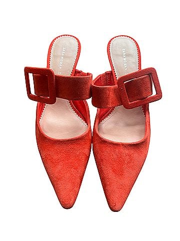 Zara Red/Pink Suede Pointed-Toe Buckle Strap Mules Heels (view 1)