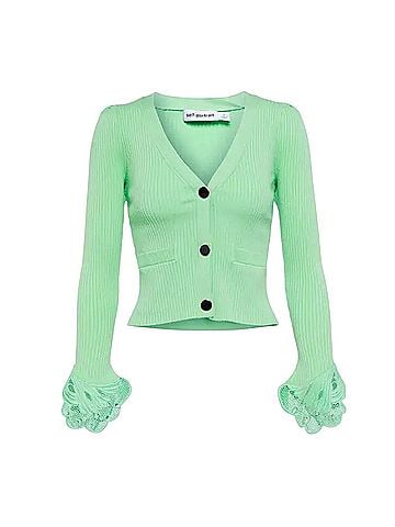 Self-Portrait Spearmint Inserted Lace Ribbed Knit  Cardigan (view 1)