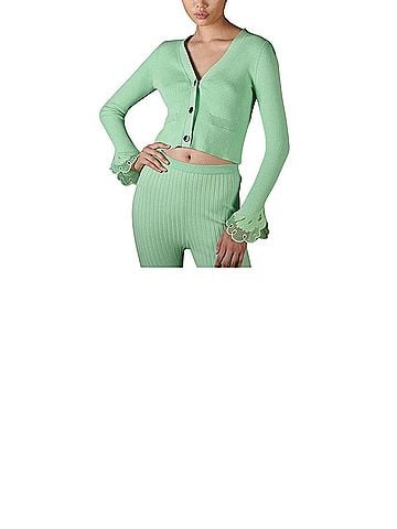 Self-Portrait Spearmint Inserted Lace Ribbed Knit  Cardigan (view 2)