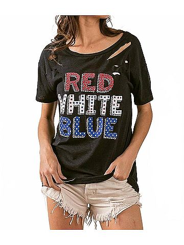 Bibi Slub Lazer Cut Red White Blue Lettering Tee in Red White Blue (view 2)