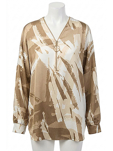 Joseph Ribkoff Recycled Satin Abstract Print Tunic With Zipper Detail in Beige/Off White (view 1)