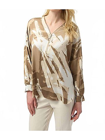 Joseph Ribkoff Recycled Satin Abstract Print Tunic With Zipper Detail in Beige/Off White (view 2)
