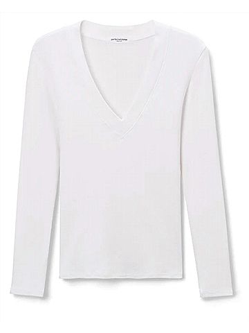 perfectwhitetee Viola Long Sleeve V-Neck Top in White (view 1)