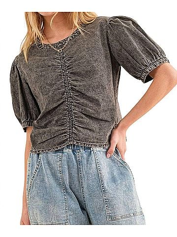AndTheWhy Give Us Time Shirring Top in Charcoal Grey (view 2)