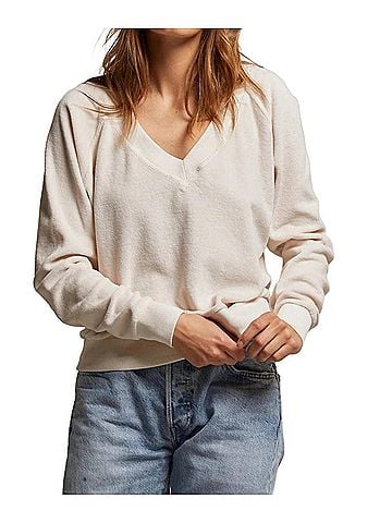 perfectwhitetee Ember Velour V Neck Sweatshirt in Sugar (view 2)