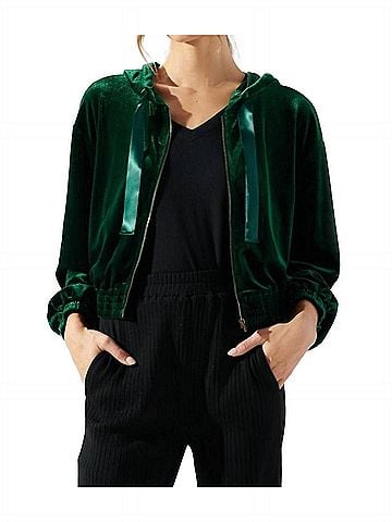 Sugarlips Everson Velvet Cropped Zip Up Hoodie in Emerald (view 2)