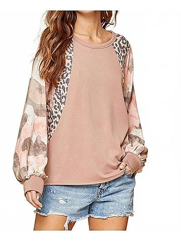Andree by UNIT Mixed Print Balloon Sleeve Top in Mauve (view 2)