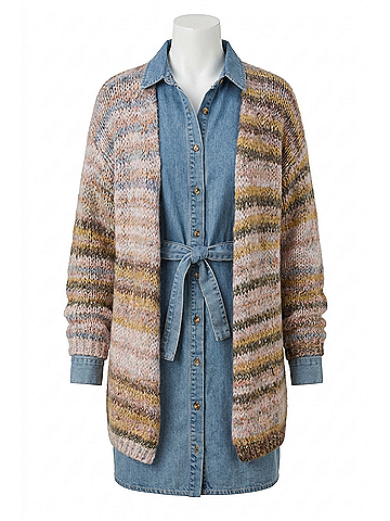 Skies Are Blue Selina Striped Cardigan Sweater in Multi Olive Taupe Stripe (view 1)