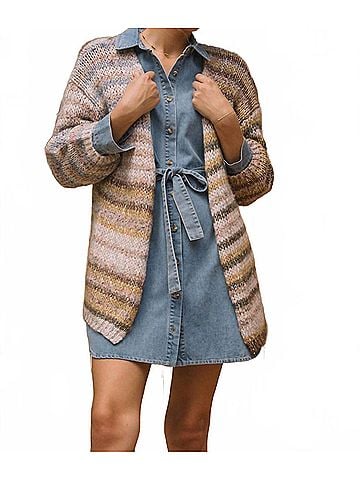 Skies Are Blue Selina Striped Cardigan Sweater in Multi Olive Taupe Stripe (view 2)