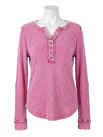 Easel Hermal Knit Washed Henley Top in Orchid (view 1)