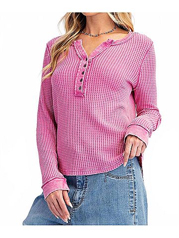 Easel Hermal Knit Washed Henley Top in Orchid (view 2)
