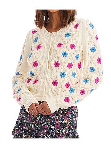 Allison Embroidered Pom Cardigan in Ivory (view 2)