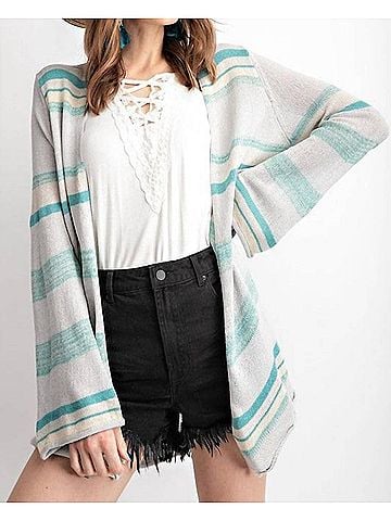 Easel Coastal Striped Knit Cardigan in Gray And Teal (view 2)