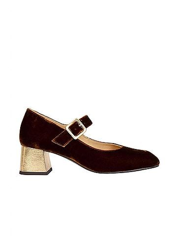 Penelope Chilvers Women's Mid Mary Jane Velvet Shoe in Honey (view 1)