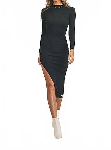 Mable Long Sleeve Midi Sweater Dress With One Side High Slit. in Black (view 2)