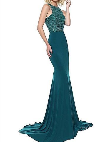 Sherri Hill Jersey Sleeveless Prom Dress in Emerald (view 2)