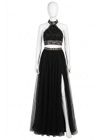 Sherri Hill High Halter Neck Prom Dress in Black (view 1)
