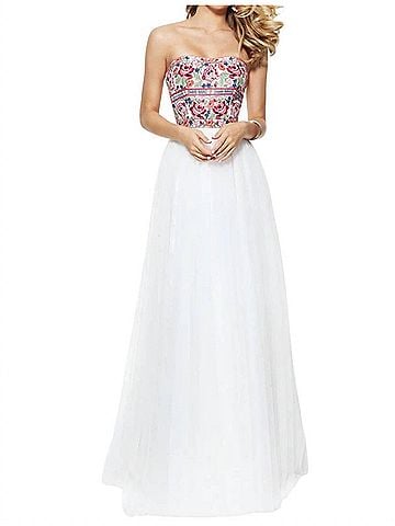 Sherri Hill Embroidered Strapless Prom Dress in Ivory/Multi (view 2)