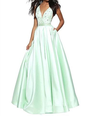 Sherri Hill V-Neck Prom Dress in Light Green (view 2)