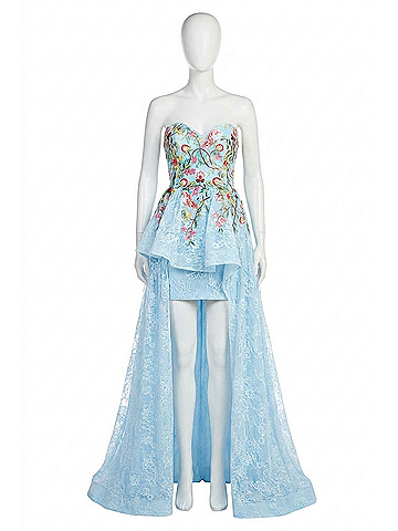 Sherri Hill High-Low Prom Dress in Lt Blue/Multi (view 1)