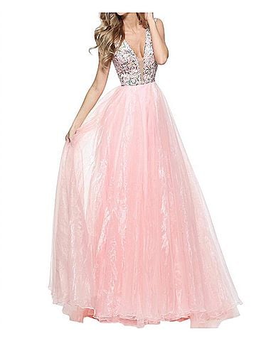 Sherri Hill Sparkly Bodice Prom Dress in Blush Print (view 2)