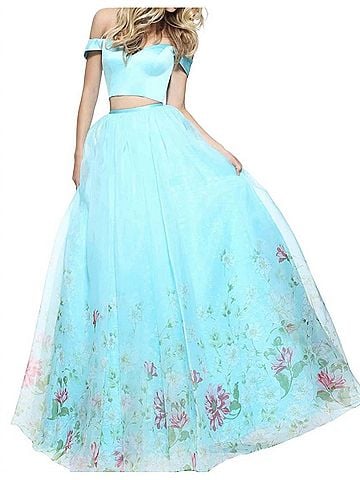 Sherri Hill Organza Prom Dress in Aqua Print (view 2)