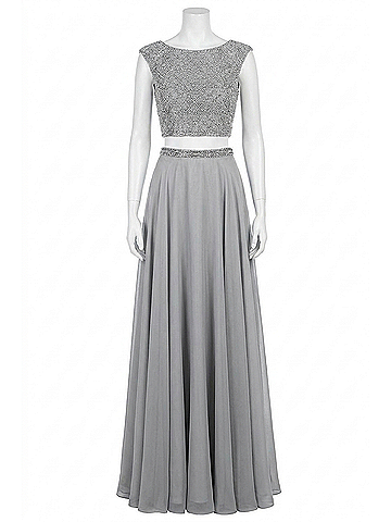 Sherri Hill Two-Piece Chiffon Cap Prom Dress in Silver (view 1)