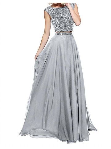 Sherri Hill Two-Piece Chiffon Cap Prom Dress in Silver (view 2)