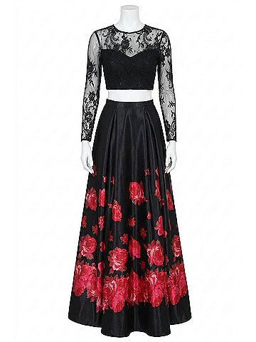 Sherri Hill Two-Piece Floral Prom Dress in Black/Red Print (view 1)