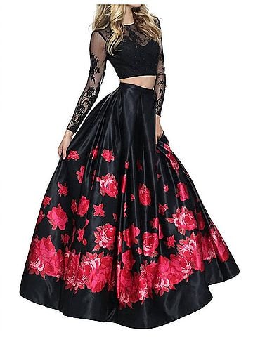 Sherri Hill Two-Piece Floral Prom Dress in Black/Red Print (view 2)