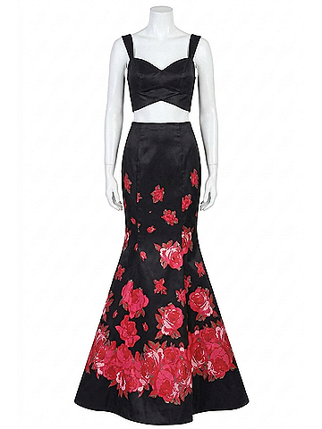 Sherri Hill Taffeta Mermaid Prom Dress in Black/Red Print (view 1)
