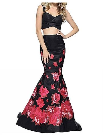 Sherri Hill Taffeta Mermaid Prom Dress in Black/Red Print (view 2)
