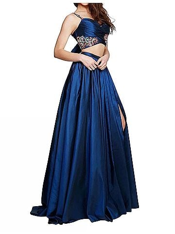 Sherri Hill Taffeta A-Line Prom Dress in Navy (view 2)