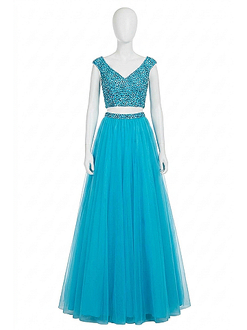 Sherri Hill V-Neck Beaded Prom Dress in Turquoise (view 1)