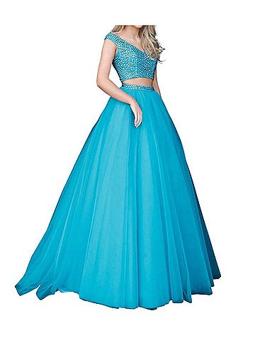 Sherri Hill V-Neck Beaded Prom Dress in Turquoise (view 2)