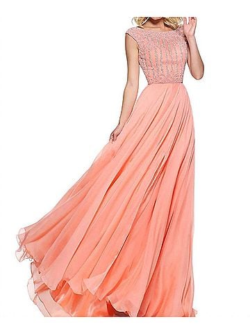 Sherri Hill Chiffon Cap Sleeves Prom Dress in Peach (view 2)