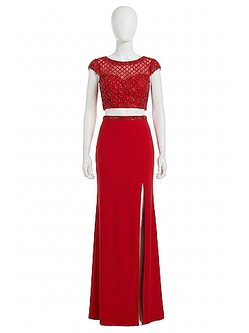 Sherri Hill Two-Piece Cross-Stitch Prom Dress in Red (view 1)
