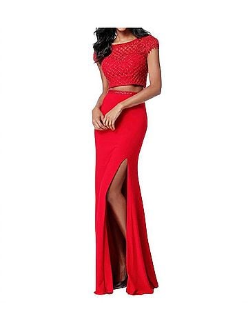 Sherri Hill Two-Piece Cross-Stitch Prom Dress in Red (view 2)