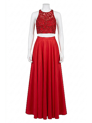 Sherri Hill Two-Piece Lace Appliqued Prom Dress in Red (view 1)