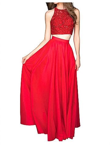 Sherri Hill Two-Piece Lace Appliqued Prom Dress in Red (view 2)