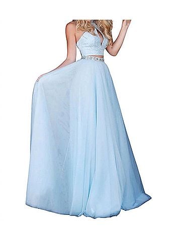 Sherri Hill Two-Piece Beaded Keyhole Prom Dress in Light Blue (view 2)