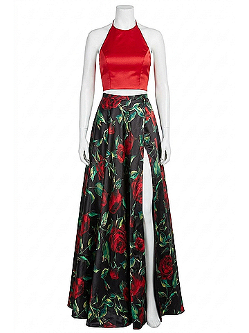 Sherri Hill Charmeuse Two-Piece Halter Casual Dress in Red/Black Print (view 1)